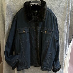 Dennis Basso Dark Blue Jean Jacket with Black Fur Trim